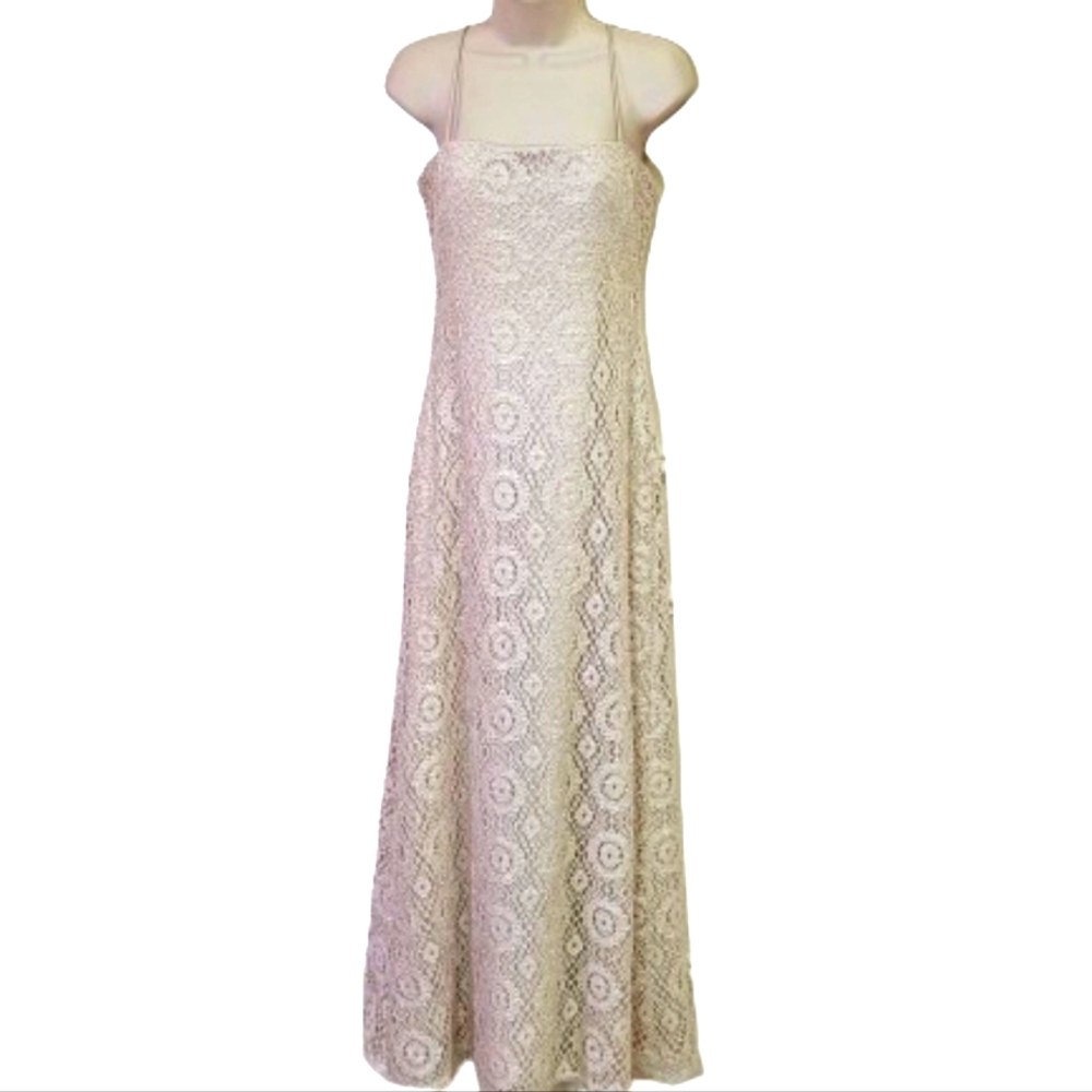 JS Collections Cream w/Gold Fleck Sparkle Sleeveless Crochet Maxi Dress,Size 8